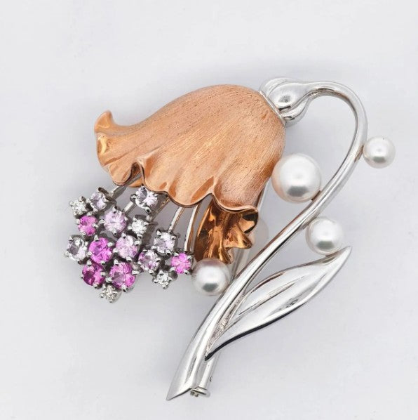 ピンクサファイヤ　パール　ブローチ　コンビ　K18WG/K18PG