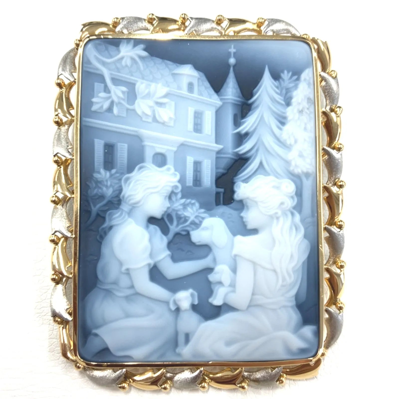 カメオ　オニキス　ブローチ　コンビ　K18　PT900　犬　少女