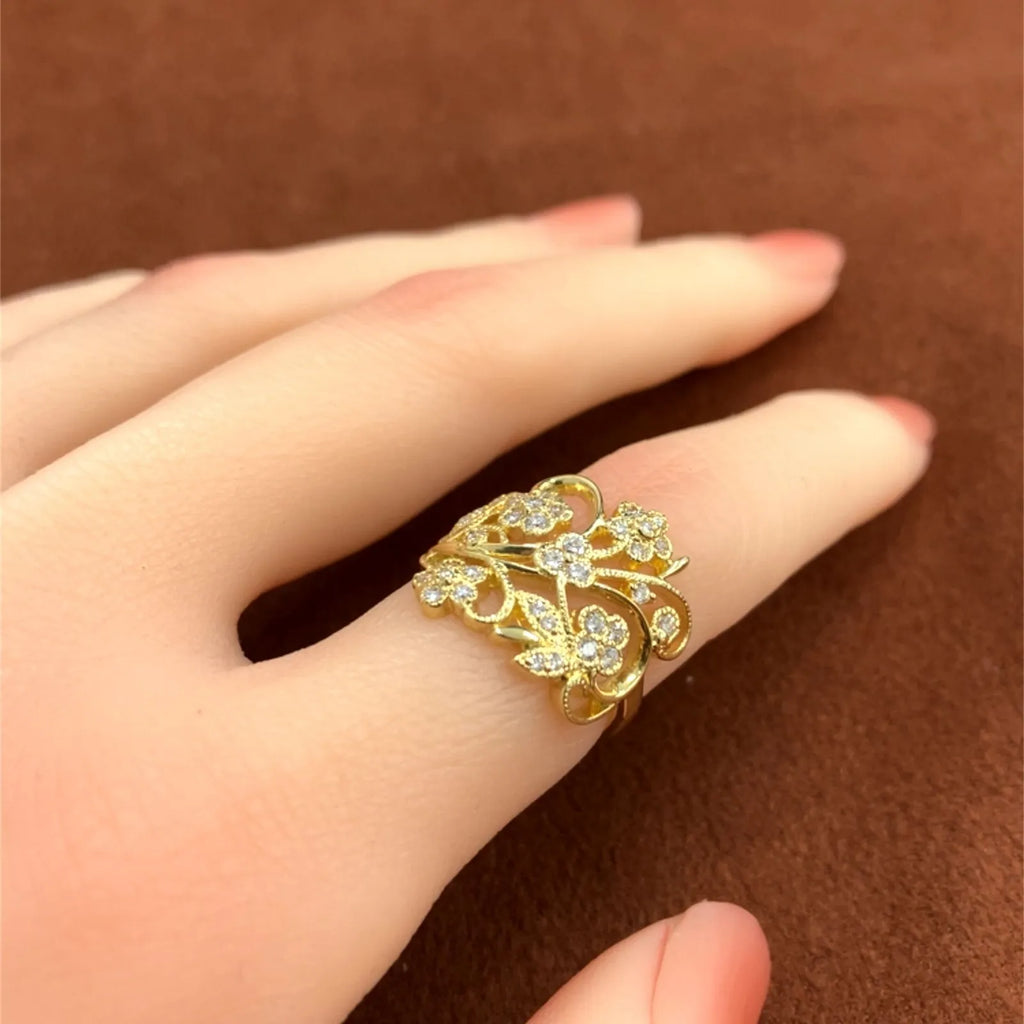 花　植物　モチーフ　透かし　デザイン　ダイヤモンド　ゴールド　リング　K18